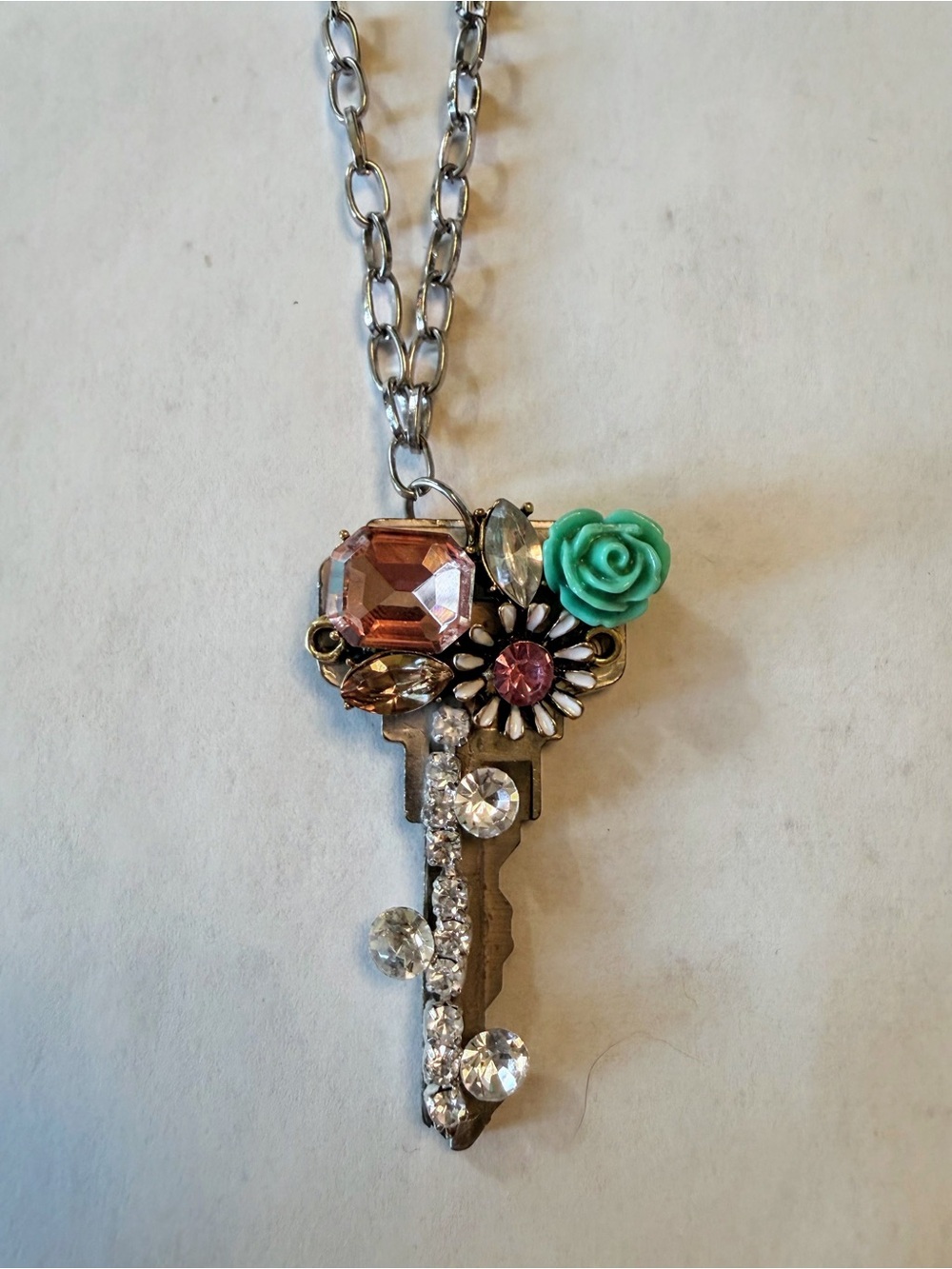 Crystal and Mint Rose Key Pendant Necklace - Women Jewelry